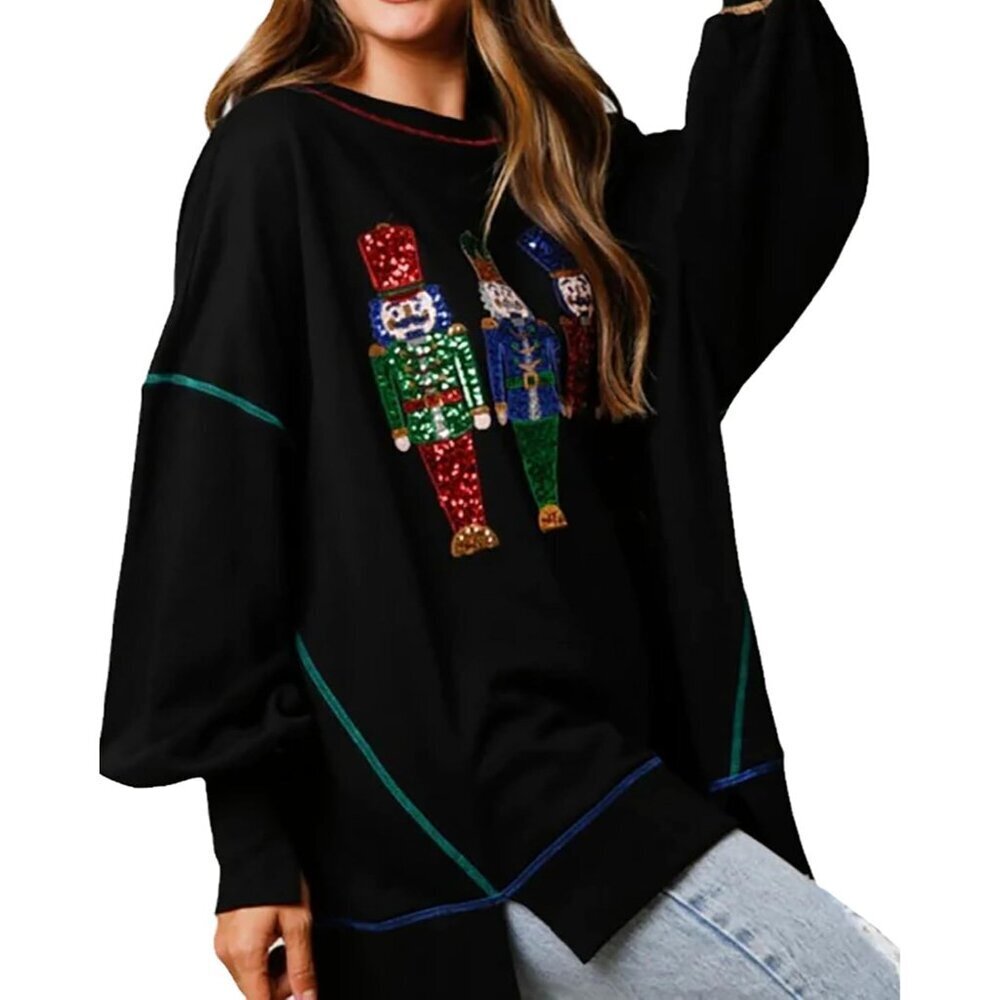 Women's Christmas Sweatshirts Cotton Santa Graphic Long Sleeve Hoodie Pullover - Picture 4 of 6